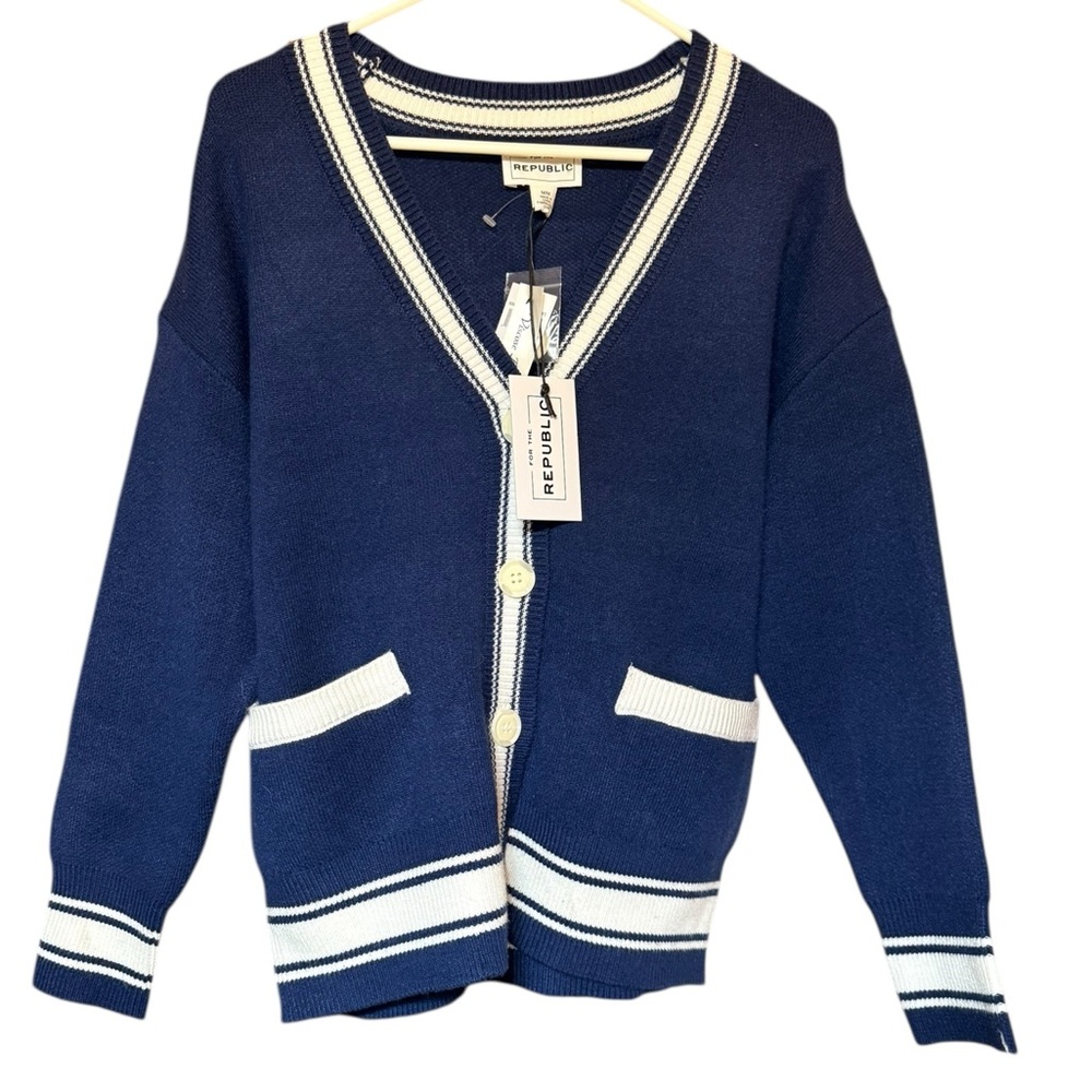 Preppy Cardigan Navy Blue White Knit Sweater For the Republic Medium NWT